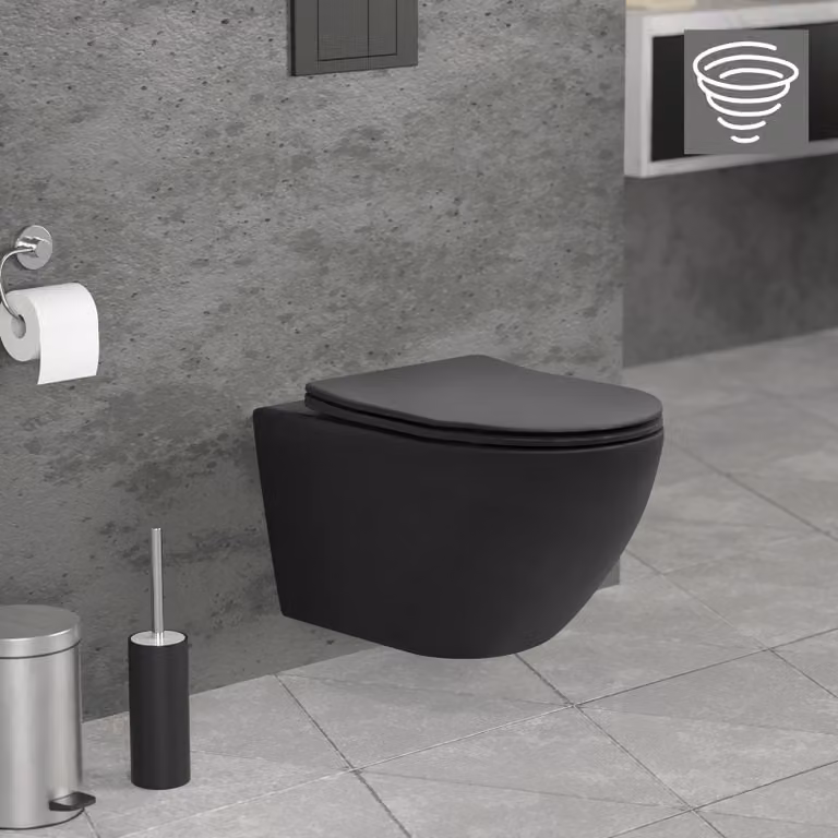 LuxeBath WC sospeso senza bordo, nero, lungo, a filo tornado