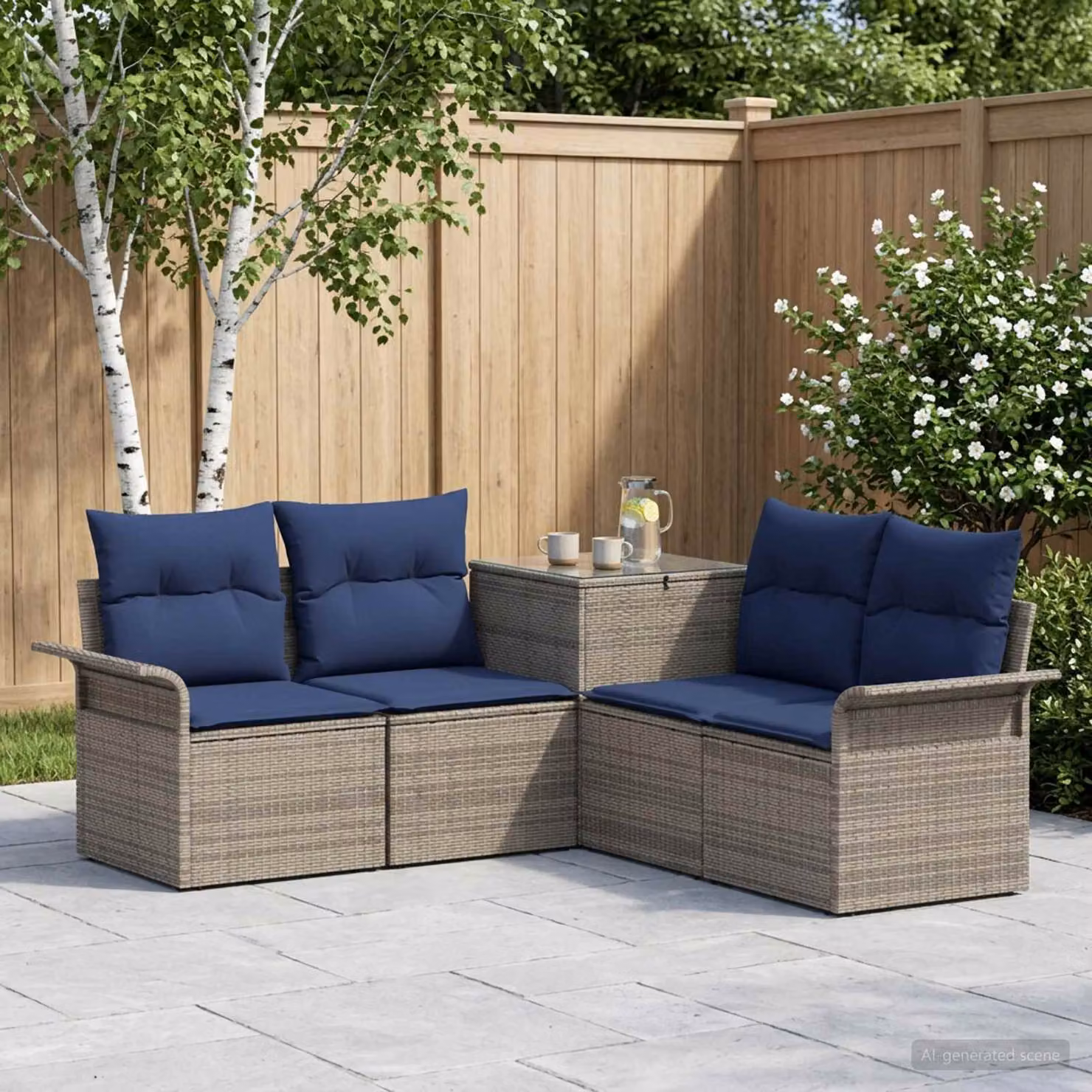 Set di divani da giardino vidaXL a forma di L con cuscini, colore grigio e blu, in rattan sintetico e acciaio verniciato a polvere