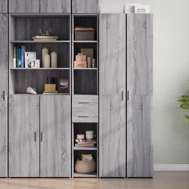 Credenza Buffet Armadio da Cucina e Soggiorno Design Mania Grigio Sonoma con Ante a Battente e Ripiani Aperti in Legno Multistrato L/P/H: 30 x 42,5 x 185 cm
