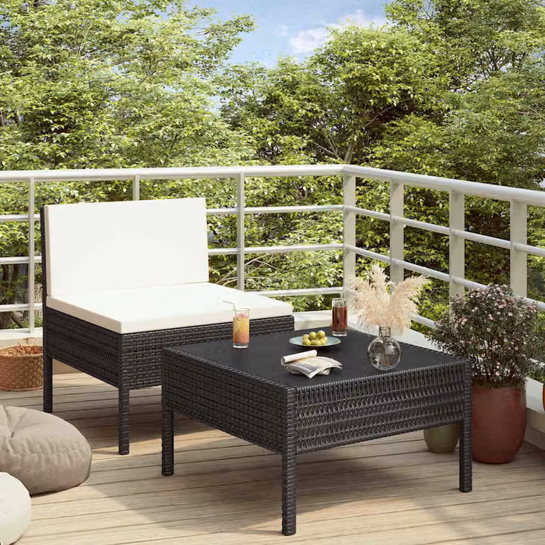 Set da giardino moderno vidaXL composto da divano a 2 posti e tavolino con cuscini bianchi e struttura in metallo nero