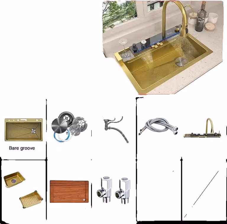 Lavello da cucina in acciaio inox, design spazioso a vasca singola, struttura resistente, 68x46CM-FM-oro