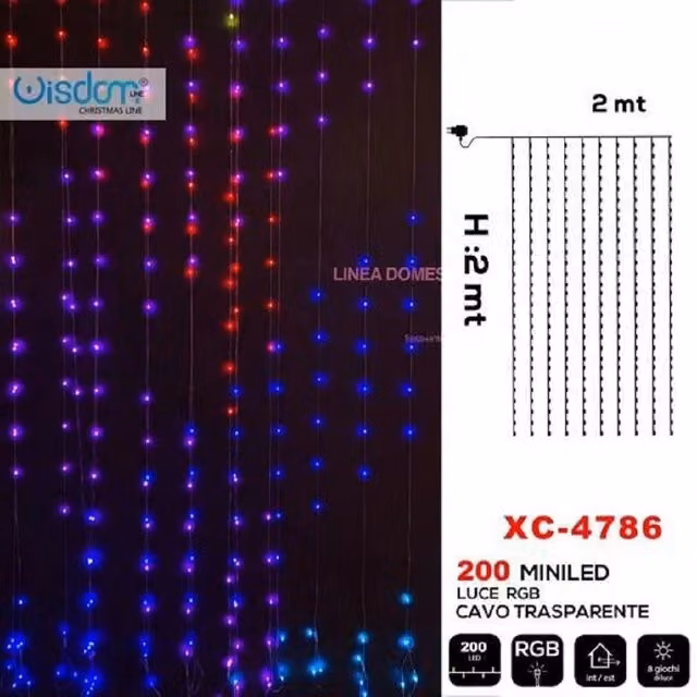 Tenda Luminosa Natalizia Trade Shop con 200 Led RGB e 8 Giochi di Luce, Cavo Trasparente XC-4786