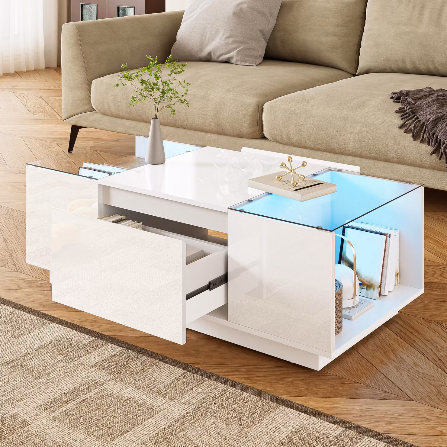 MODFU Tavolino da salotto con superficie in vetro, tavolino con luce ambientale a LED, tavolino con 2 cassetti e spazio di archiviazione, bianco
