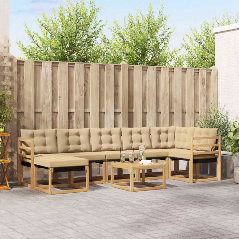 vidaXL Set di divani da esterno 8 pz in legno di acacia con cuscini beige e bianco
