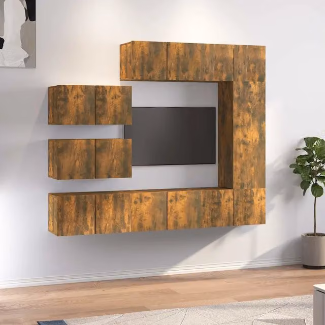 Set Mobili Porta TV 8 Pezzi con Credenza in Legno Multistrato Rovere Fumo per Soggiorno