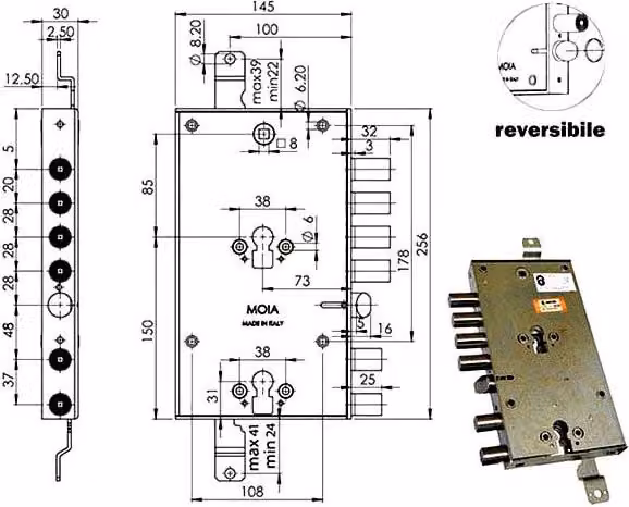 Serratura a Sicurezza Triplice con Cilindro E73 Ad6654/281 Moia in Nero e Argento