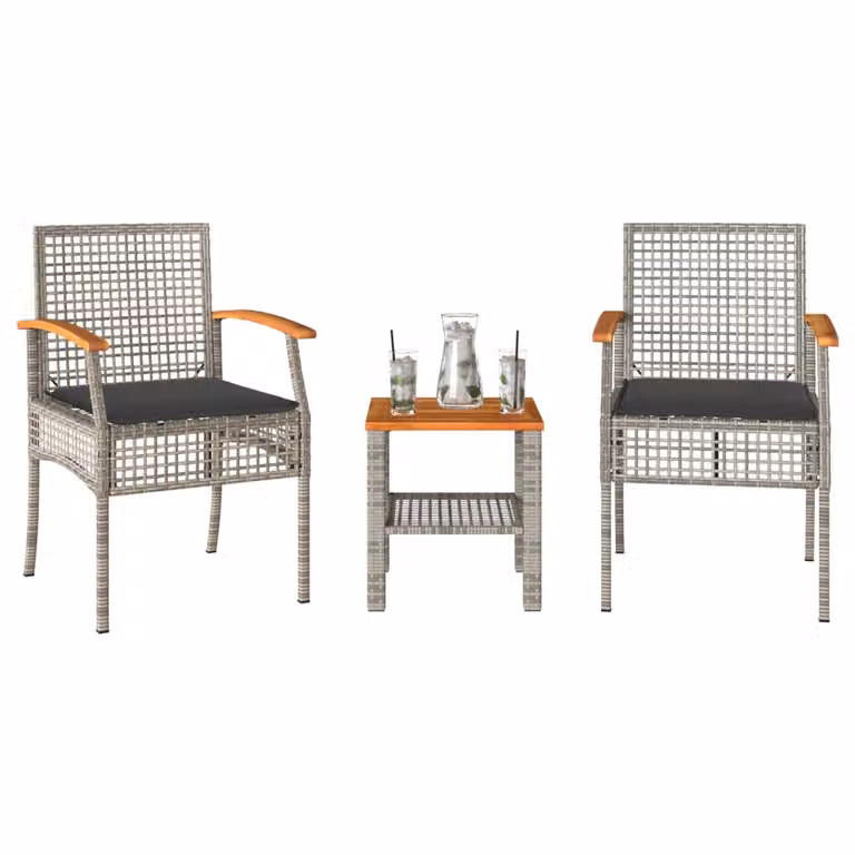 Set da Bistrò vidaXL 3 pz in Polyrattan e Legno di Acacia Grigio e Marrone con Cuscini