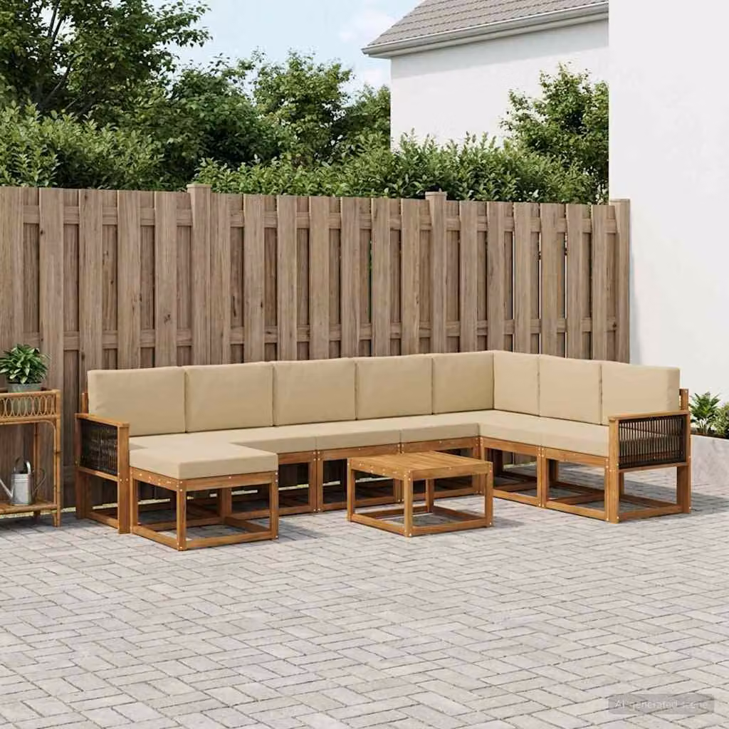 Set di divani da esterno vidaXL a forma di L composto da 9 pezzi in legno di acacia con cuscini beige e marrone