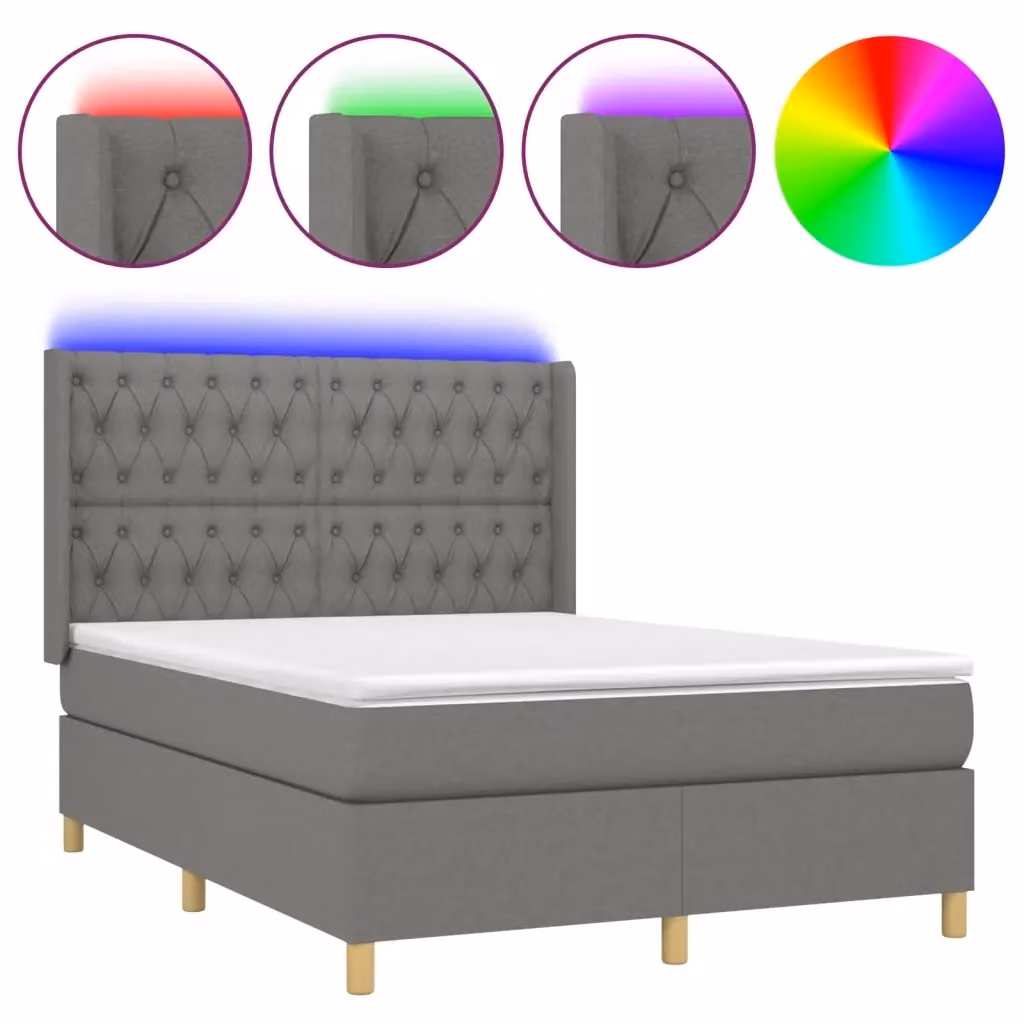 Letto con Materasso a Molle e Illuminazione LED vidaXL in Tessuto Grigio L/P/H: 140 x 190 x 128 cm – 2