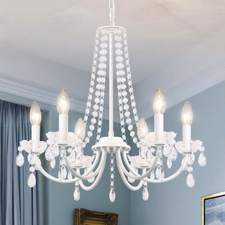 Lampada a soffitto a 6 luci, con elementi in cristallo, colore bianco, attacco E14, ideale per il soggiorno
