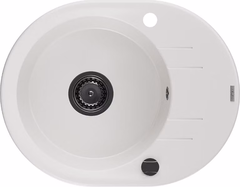 Mexen Kevin lavello in granito a 1 vasca con gocciolatoio 586 x 458 mm, bianco, sifone nero - 6517581005-20-B