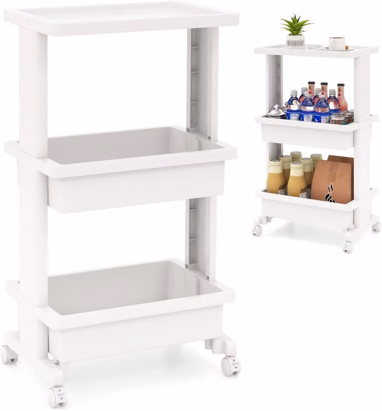 Carrello KOMFOTTEU a 3 ripiani, carrello in plastica con ripiani dotati di fori di drenaggio, scaffale da cucina, scaffale per spezie, scaffale multiuso, scaffale da nicchia per il bagno
