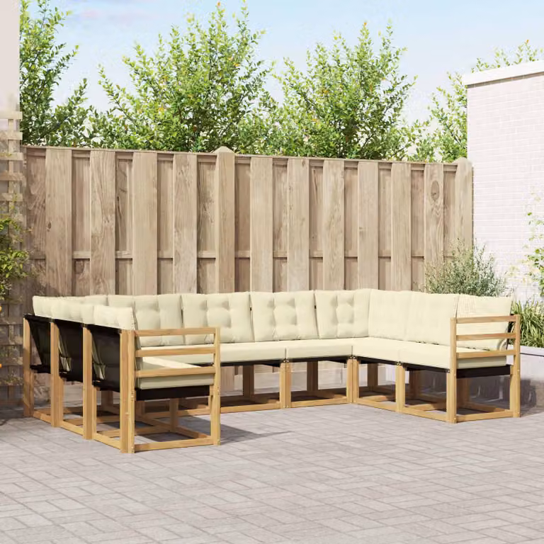 Set di divani da esterno vidaXL 9 pz in legno di acacia con cuscini bianchi e beige