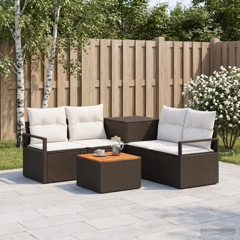 Set di divani da giardino vidaXL in polyrattan nero e bianco con tavolo da caffè e cuscini inclusi