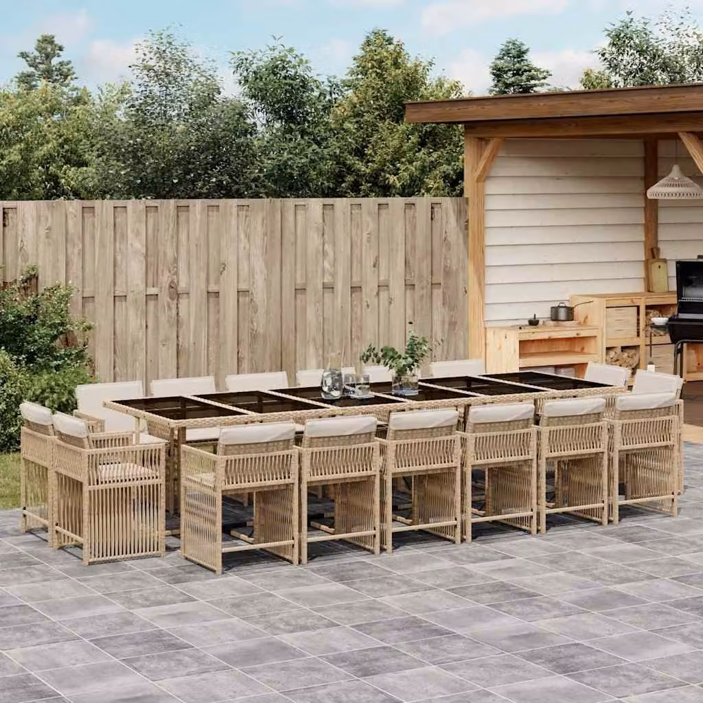Set da Pranzo da Giardino vidaXL in Polyrattan con Cuscini Beige e Piano in Vetro, 17 Pezzi – 1