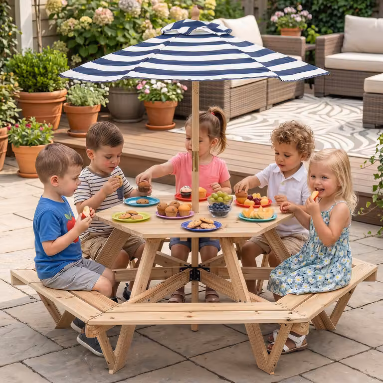 Costway Tavolo da picnic esagonale in legno di abete con 6 panche e ombrellone regolabile, colore marrone, ideale per giardino, balcone o cameretta dei bambini