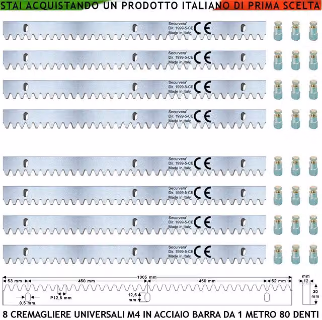 Cremagliera universale Securvera in acciaio zincato argento per cancello scorrevole, modello M4 con 80 denti, lunghezza 1 metro, dimensioni 12 x 30 mm