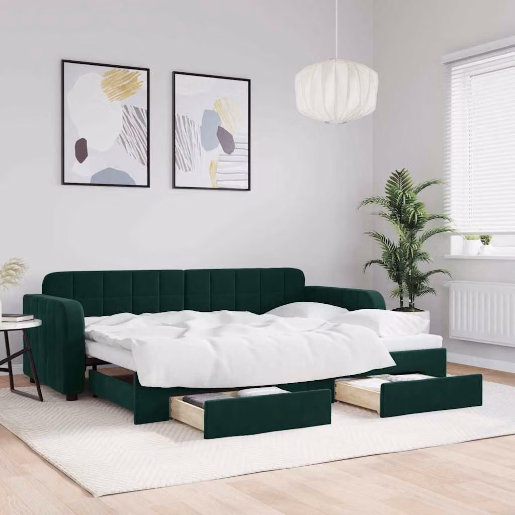 vidaXL Divano Letto Estraibile con Cassetti in Velluto Verde Scuro L/P/H: 223 x 80 x 91 cm