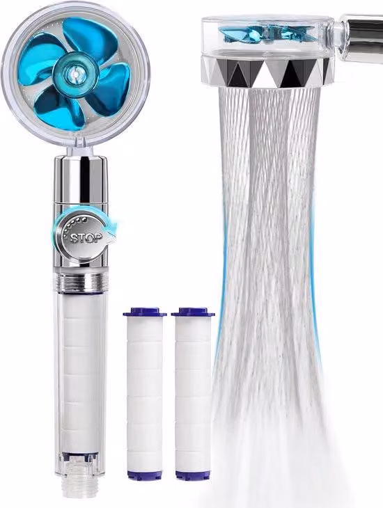 Doccia a pioggia - Soffione a risparmio idrico con filtro e pulsante di pausa, facile da installare, compressione turbo, rotazione a 360 gradi (blu)