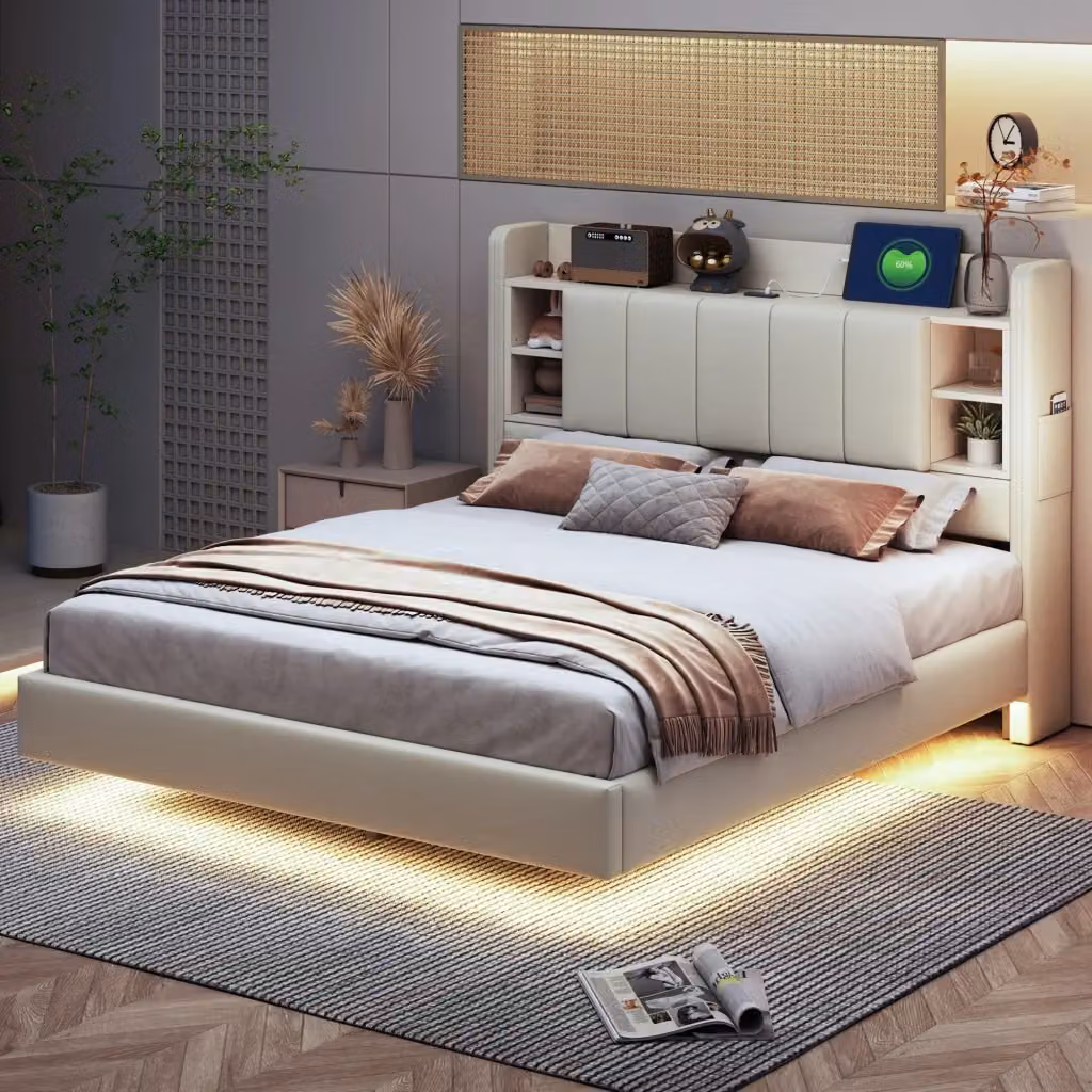 Letto matrimoniale moderno beige con illuminazione LED, porte USB e ripiani laterali, L/P: 140 x 200 cm – 2