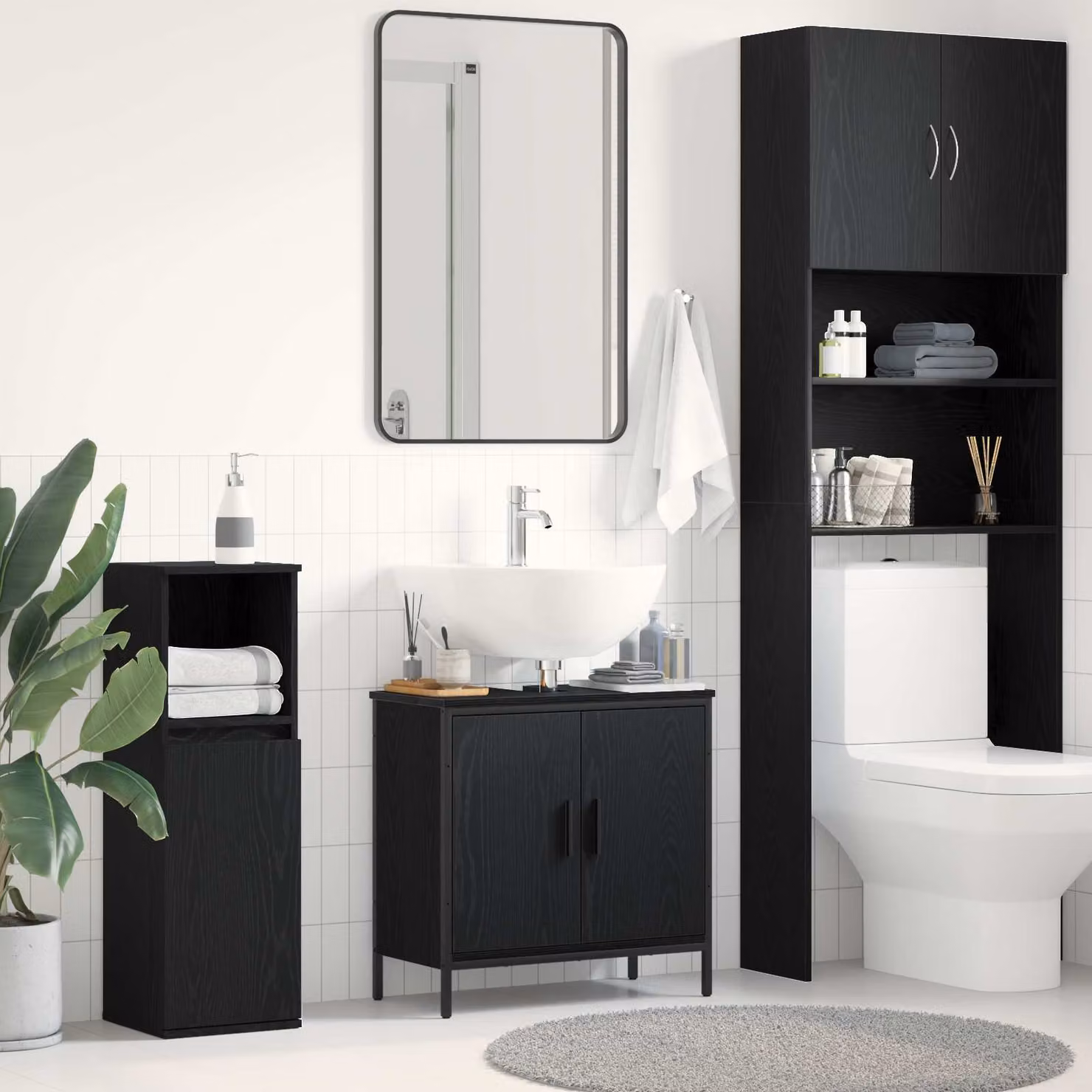 Armadio da bagno sospeso vidaXL nero con ante a battente e ripiani interni L: 60 cm, P: 30 cm, H: 60 cm