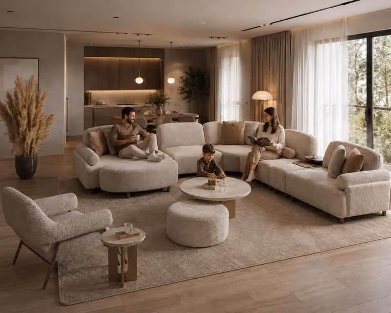 Divano beige a forma di L, composto da divano, poggiapiedi e poltrona, in 3 pezzi