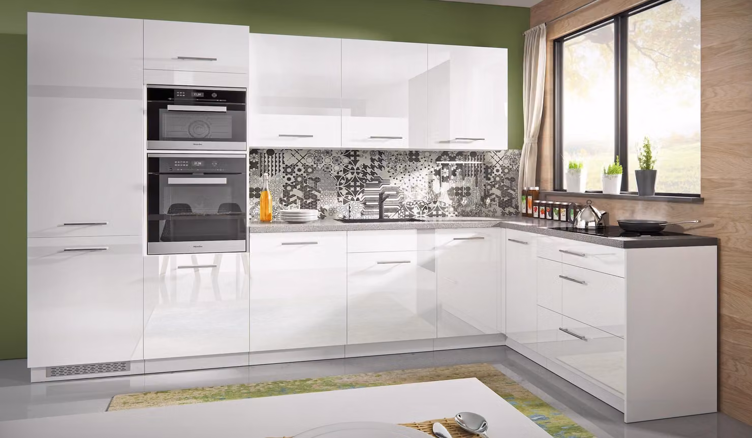 Mobile cucina a L Essen Trend con piano di lavoro 345x190cm fronte bianco perla bianco acrilico lucido