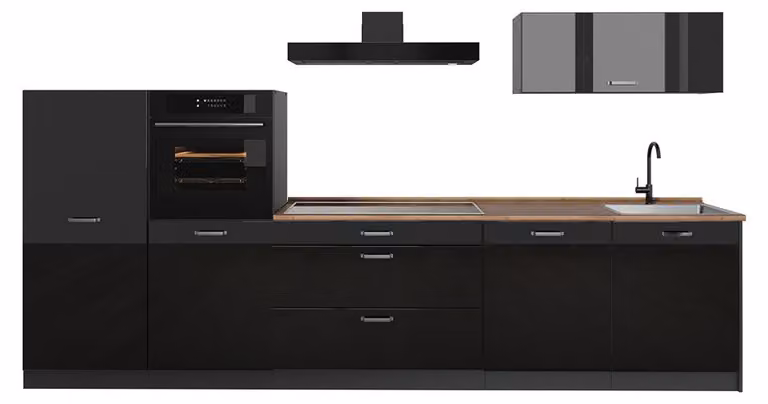 Cucina componibile Vicco R-Line Nero lucido/Antracite 340 cm piano di lavoro Rovere dorato, Model 66518