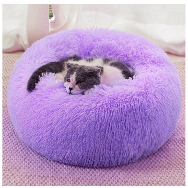 Cuccia per cani, forma rotonda, in peluche, tipo "donut", lavabile, antiscivolo, diametro 110 cm, colore viola