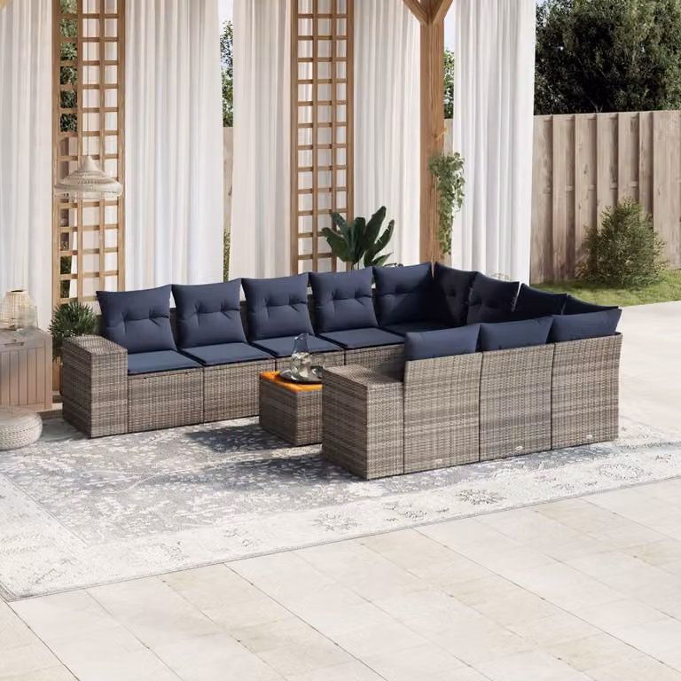 Set Divani da Giardino vidaXL 11 pz in Polyrattan Grigio con Cuscini e Tavolino da Esterno
