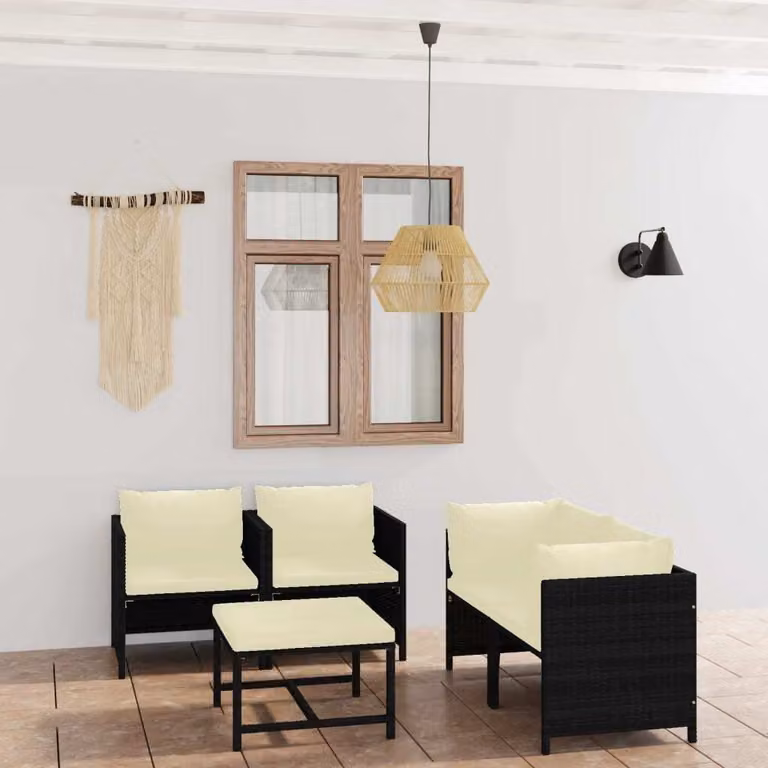 The Living Store Set da giardino 5 pezzi con cuscini in poly rattan nero