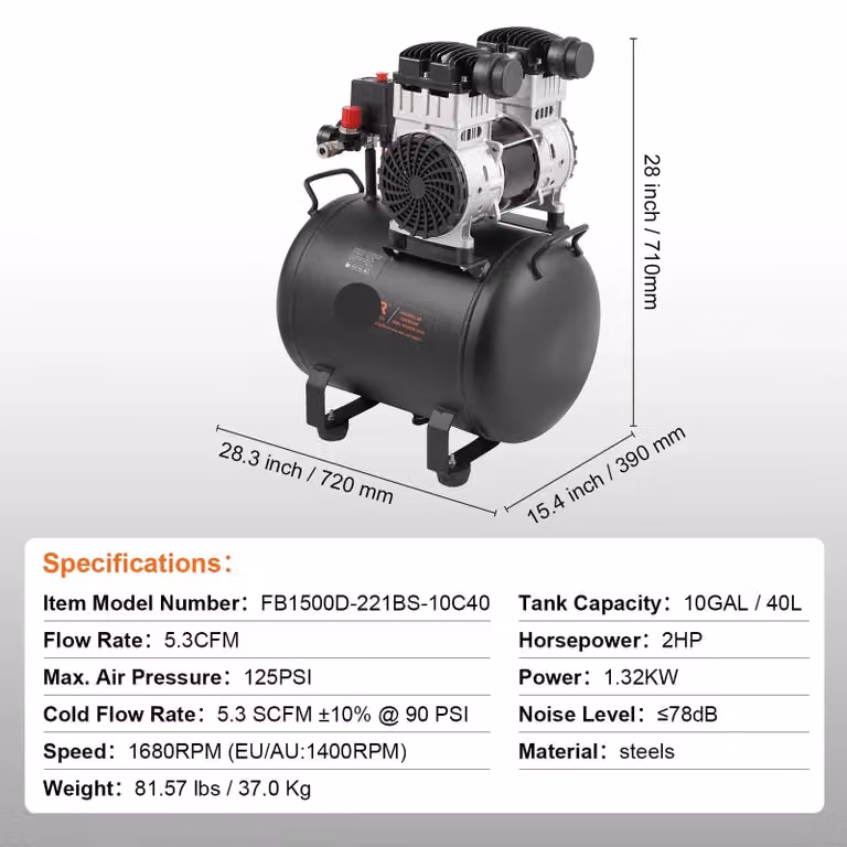 Compressore d'aria silenzioso - Compressore - Compressore d'aria - Pompa per pneumatici - Compressore elettrico - 1,32 kW - 78 dB