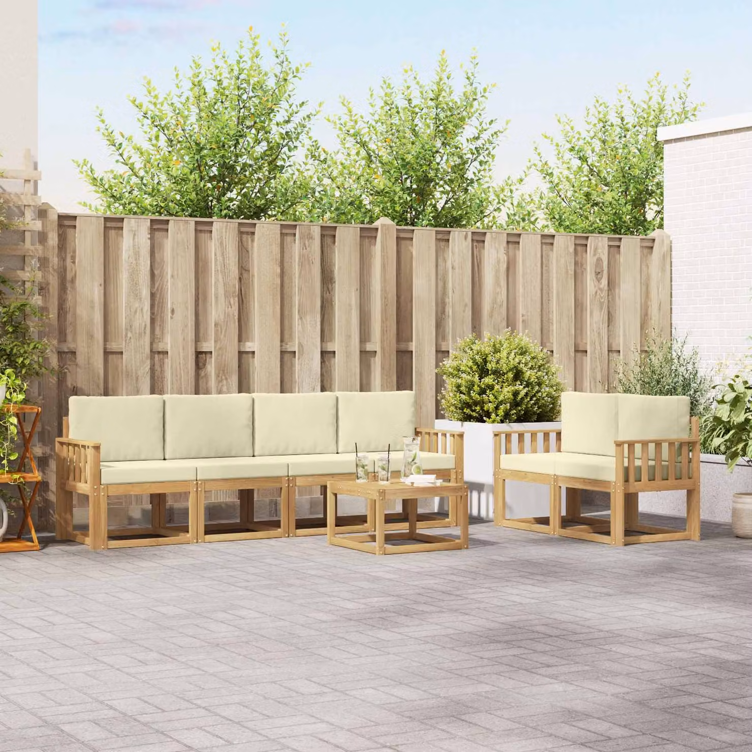 vidaXL Set di divani da esterno 7 pz in legno di acacia con cuscini Bianco e Beige