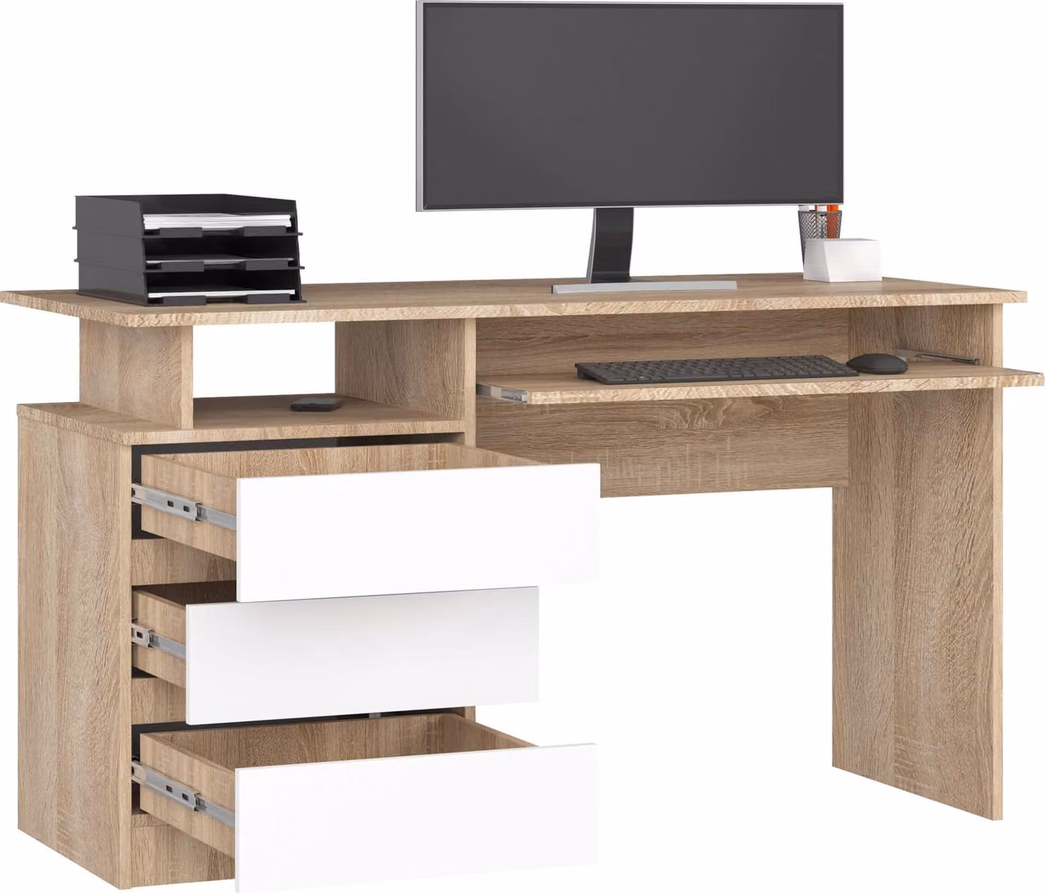 Scrivania 135x60 cm con 3 cassetti, scrivania per computer con ripiano estraibile per tastiera
