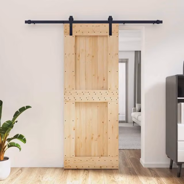 Porta scorrevole moderna vidaXL in legno e acciaio, colore naturale e nero, L: 80 cm, H: 210 cm – 1