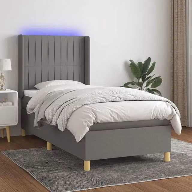 Letto moderno vidaXL in tessuto grigio scuro con materasso a molle, illuminazione LED sottostante e porta USB, L/P/H: 90 x 190 x 128 cm – 1