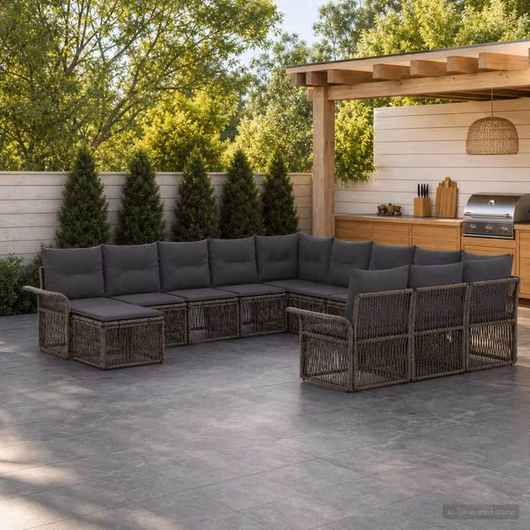 Set Divano da Giardino vidaXL a forma a U in Polyrattan Grigio con Cuscini e Coperture Rimovibili