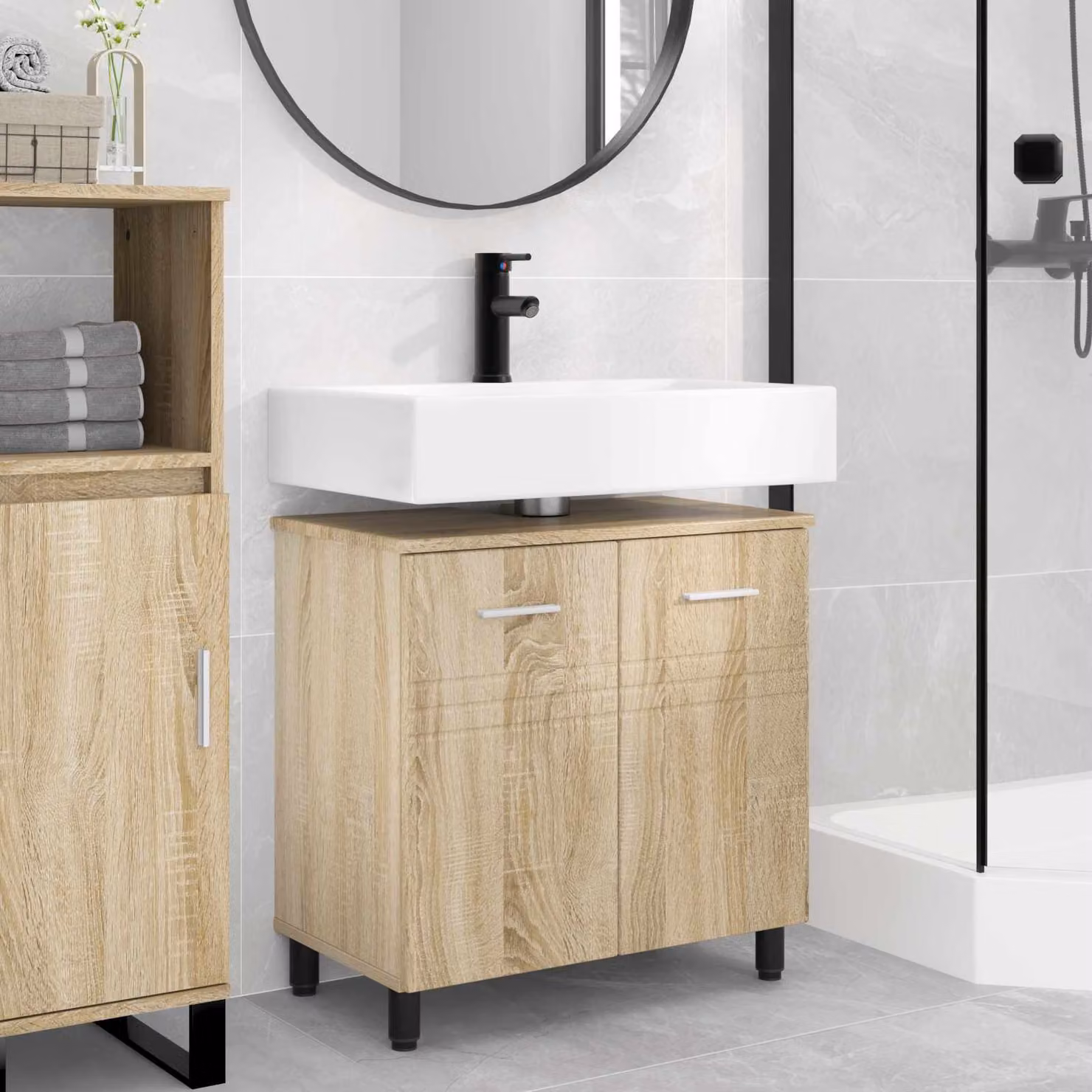 Mobiletto da bagno moderno vidaXL in legno e MDF marrone con ante a cerniera e ripiani interni L/P/H: 60 x 35 x 60 cm