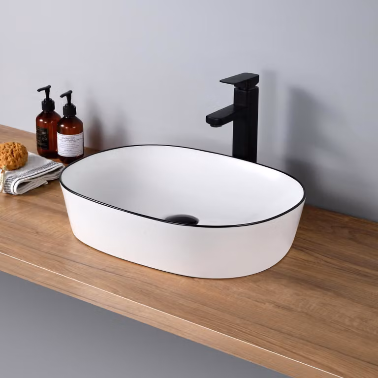 Lavabo da appoggio ovale, in Vetroceramica bianca, finitura opaca nera, dimensioni 50x38x12 cm