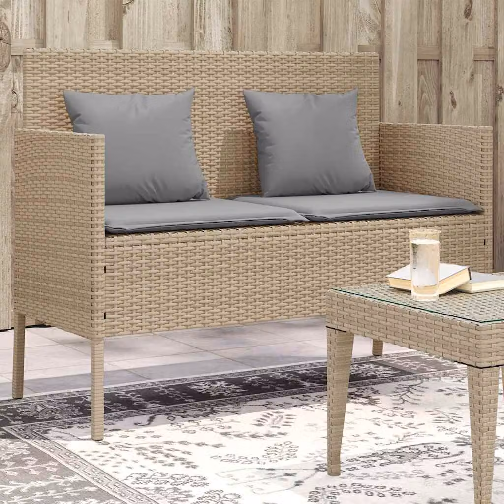 Panca da giardino moderna vidaXL in polyrattan con cuscini beige e grigi L: 113 cm, P: 61 cm, H: 87 cm