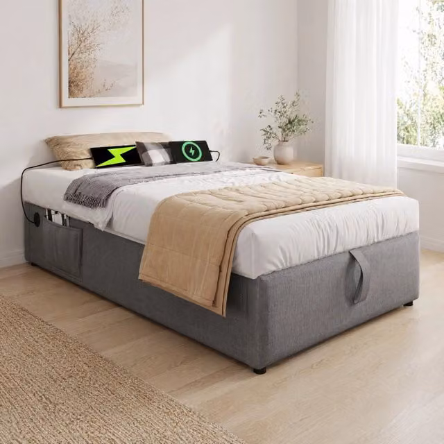 Letto singolo 90x190 cm con contenitore; USB e Type-C; in metallo e tessuto grigio