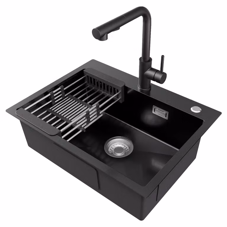 Lavello da cucina, realizzato a mano, in acciaio con rivestimento nanotecnologico, include miscelatore di alta qualità, lavabo e rubinetto neri