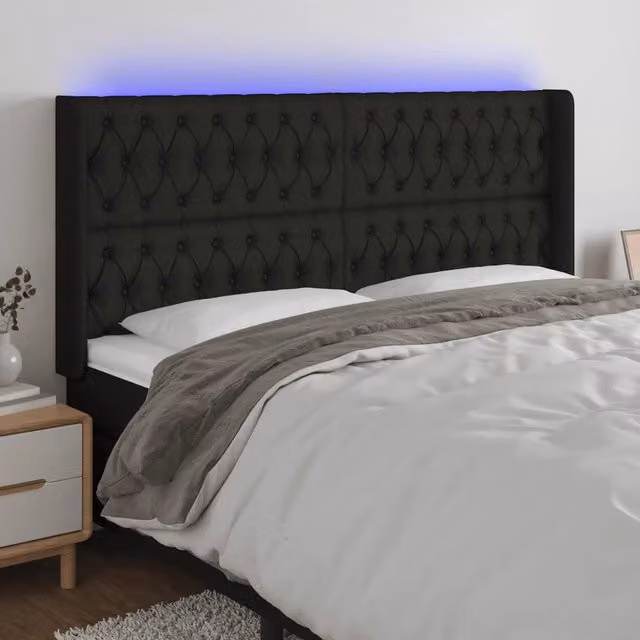Testiera con LED e porta USB vidaXL in tessuto nero, L 203 x P 16 x H 118/128 cm