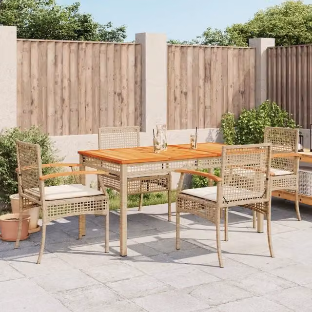Set da pranzo da giardino vidaXL in legno di acacia e polyrattan con 5 pezzi e cuscini beige e bianchi