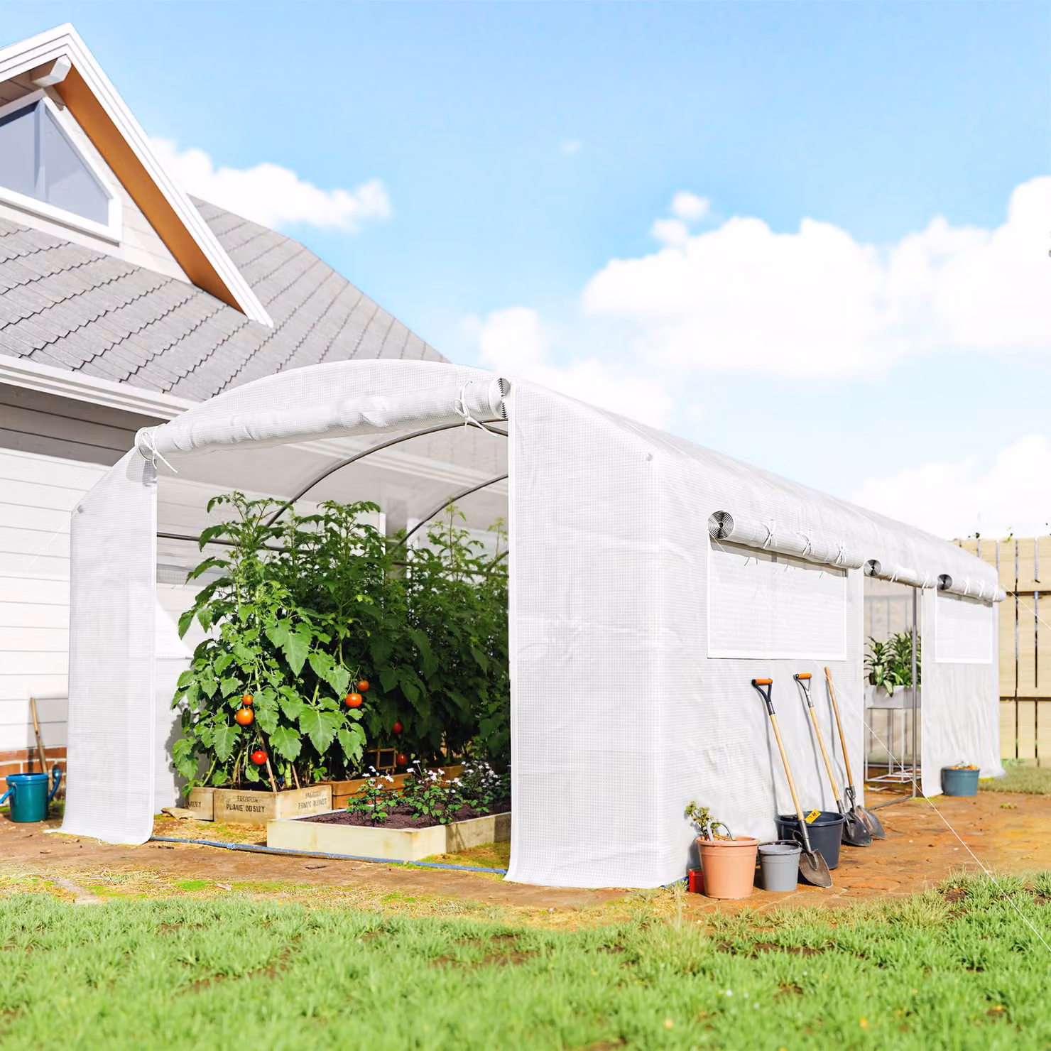 Outsunny Serra a Tunnel con Struttura in Acciaio Zincato Bianco, 3 Porte Avvolgibili e 6 Finestre con Rete, L/P/H: 6 x 3 x 2 m – 2