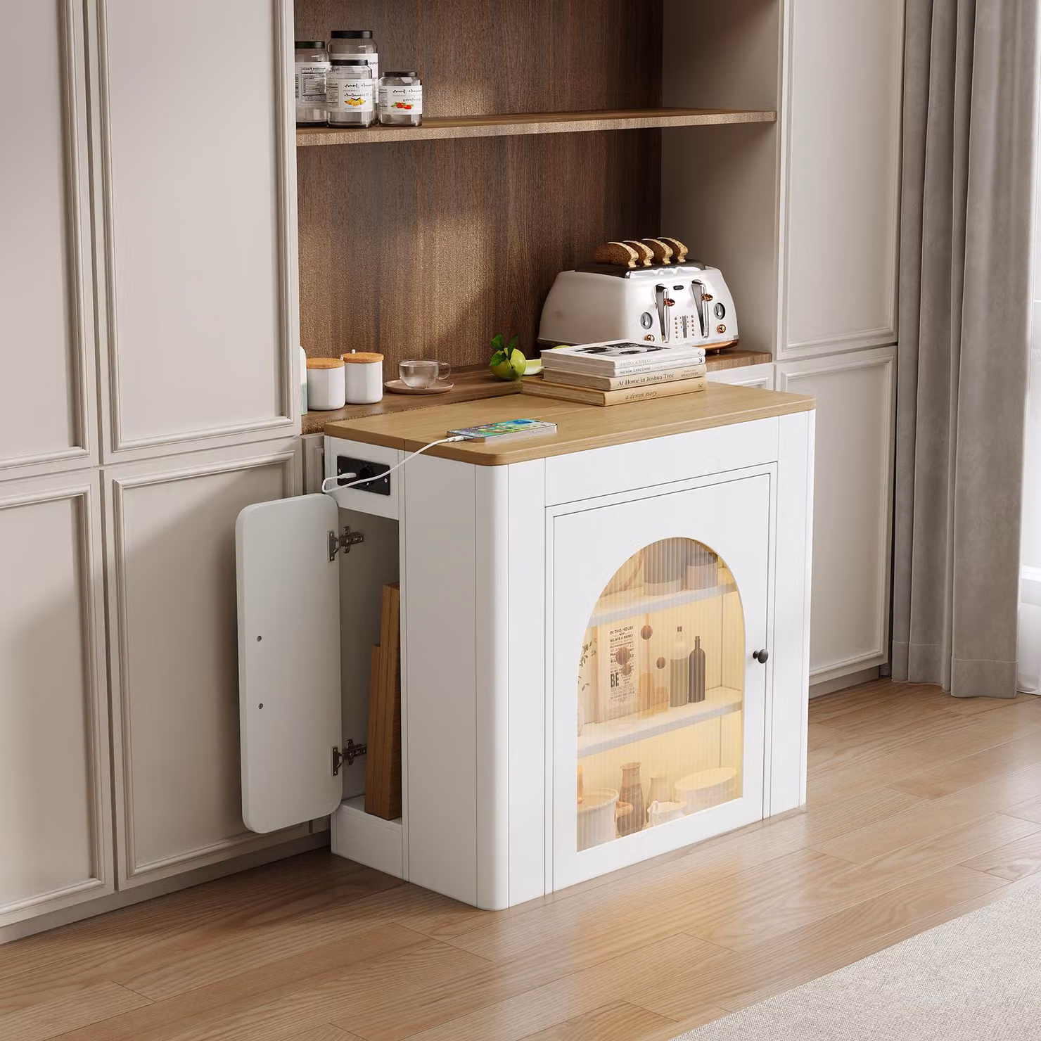 Isola da cucina Fortuna Lai con rotelle, tavolo da pranzo allungabile con piano rimovibile, carrello mobile con prese multiple, utilizzabile come credenza, sideboard o tavolo da bar per cucina e sala da pranzo (bianco)