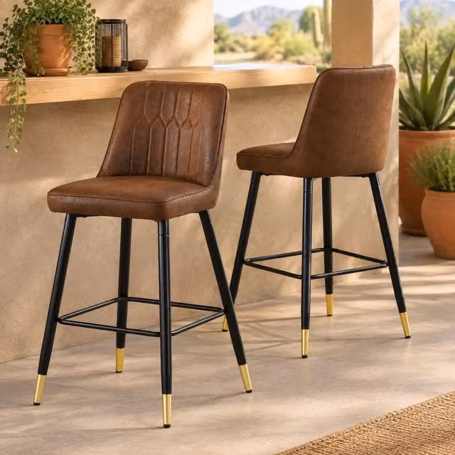 Set di 2 sgabelli da bar moderni in tessuto tecnico marrone con struttura in metallo nero e poggiapiedi, Altezza: 100 cm – 1