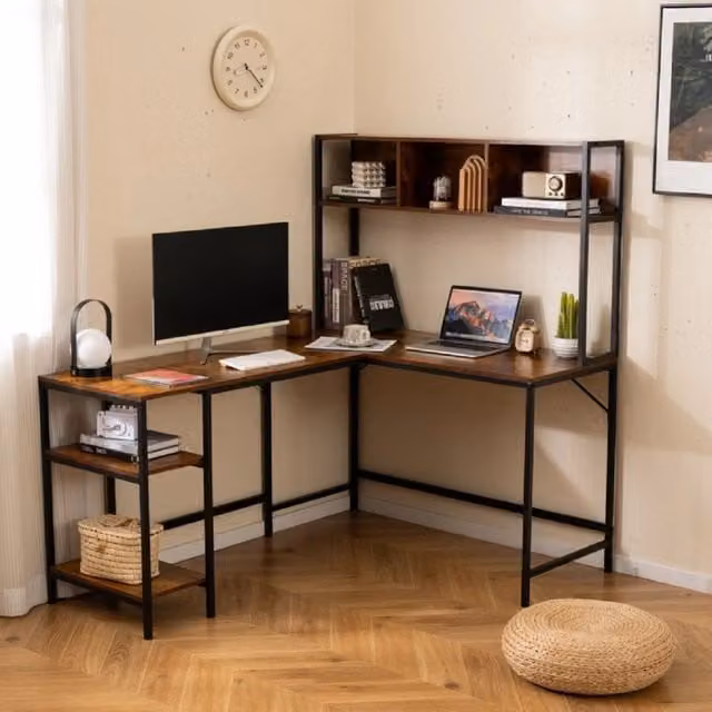 Scrivania per computer a forma di l con pensile ripiani e gancio libreria-Scrivania per computer ufficio domestico Marrone