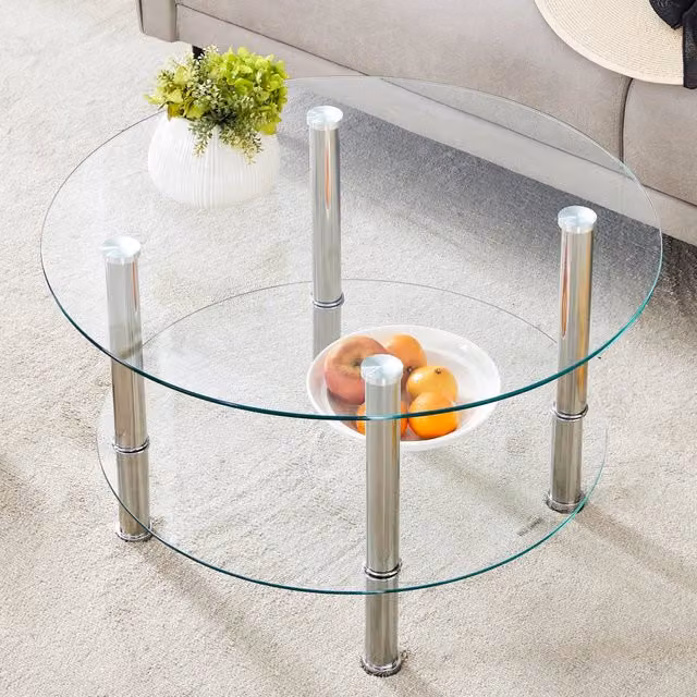 Tavolino da soggiorno moderno OKWISH con ripiano in vetro trasparente e struttura in metallo argento
