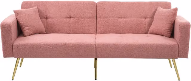 Divano letto ZR Home con schienale regolabile e gambe dorate, rivestimento in sherpa, Rosa, L 175 cm x P 64 cm x H 72 cm